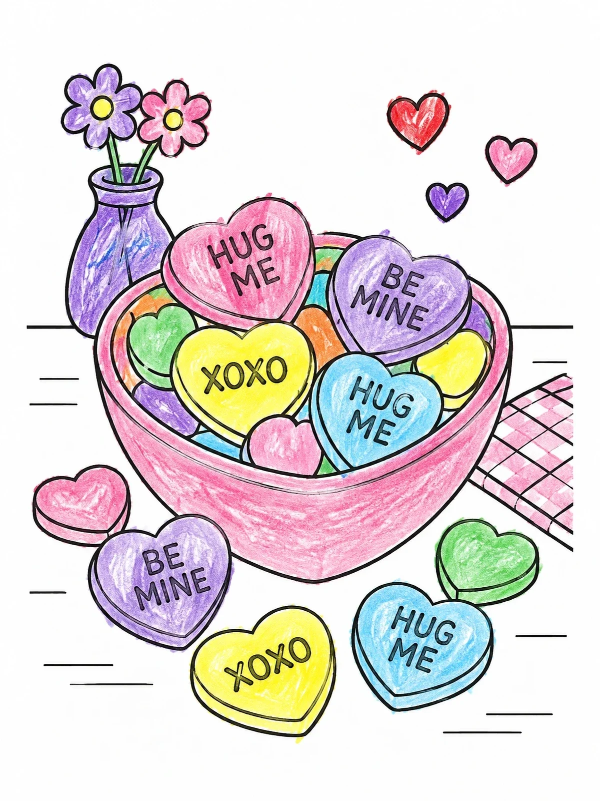 Colored example of the Bowl Of Sweet Candy Hearts coloring page