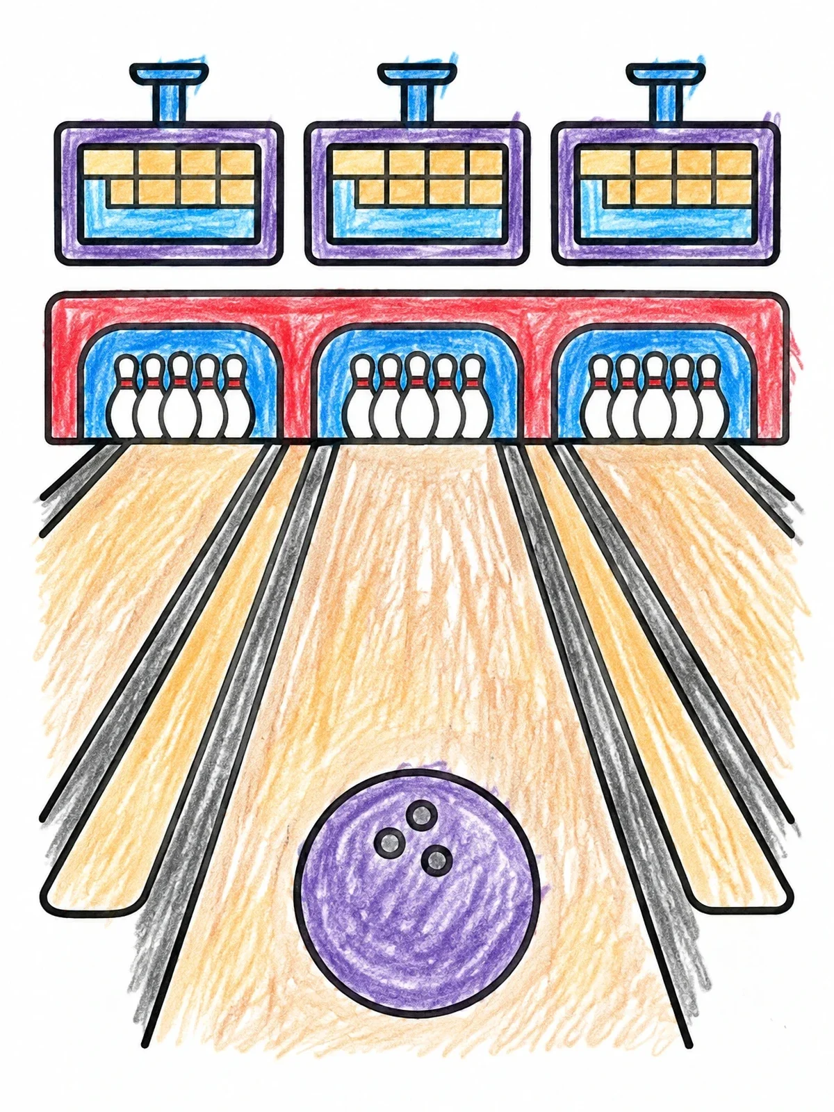Colored example of the Bowling Alley With Lanes And Pins coloring page