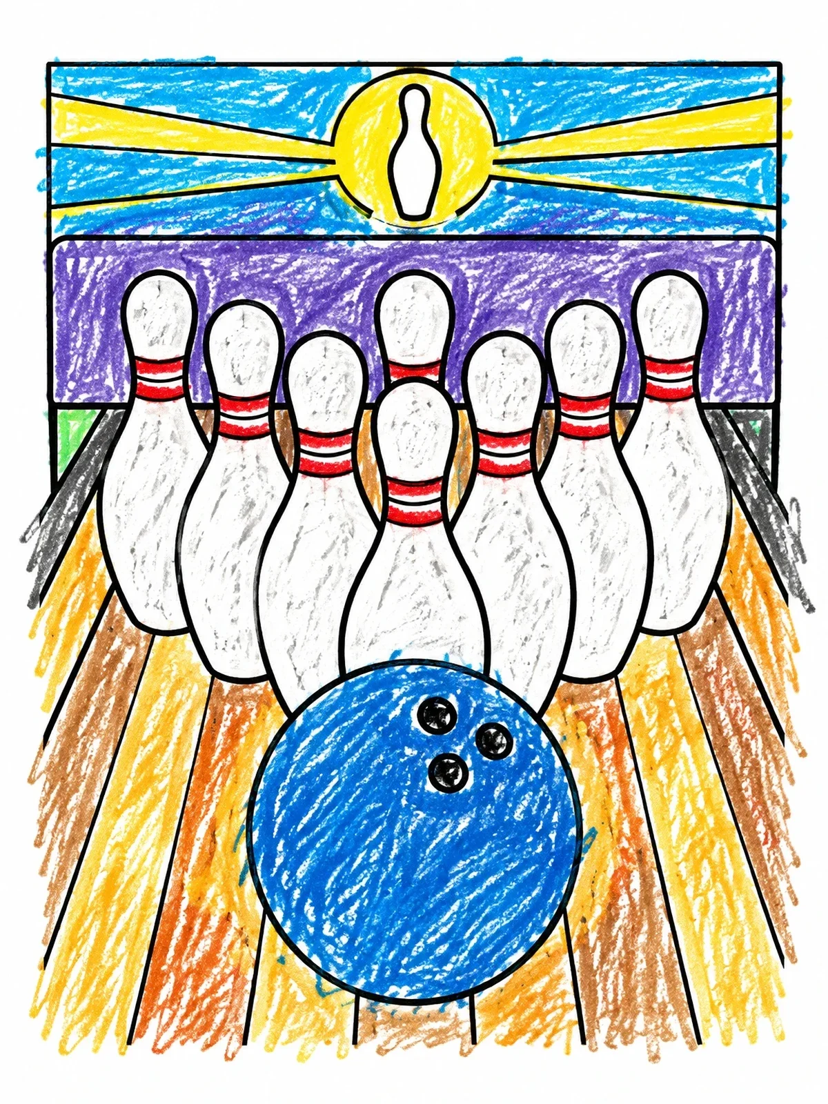 Colored example of the Bowling Ball And Ten Pins coloring page