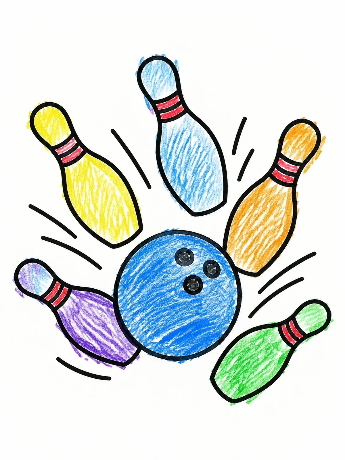 Colored example of the Bowling Ball Hitting Flying Pins coloring page