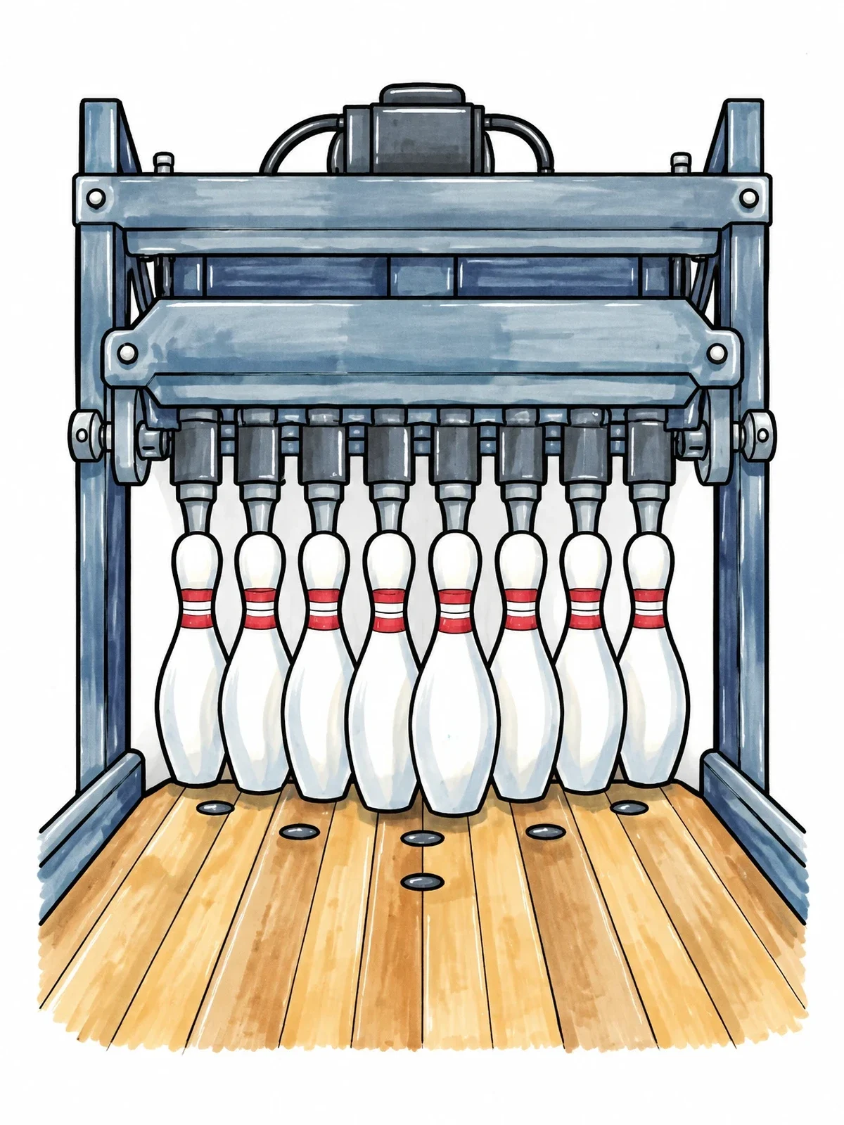 Colored example of the Mechanical Bowling Pinsetter On Lane coloring page
