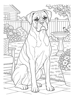 Detailed boxer dog coloring page sitting on a patio near a birdbath and garden.
