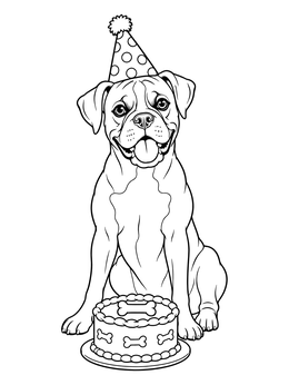 A cheerful boxer dog coloring page with a party hat and bone cake.