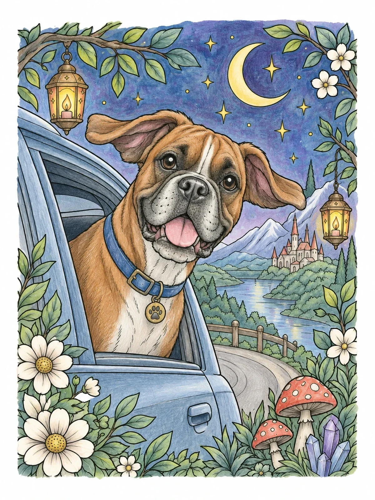 Colored example of the Boxer Dog On A Night Drive coloring page