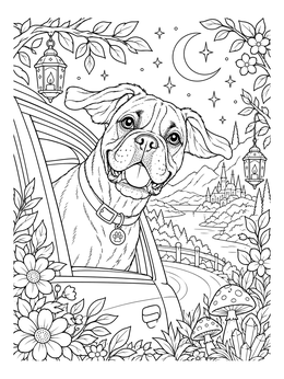 A cheerful boxer dog coloring page featuring a pup enjoying a ride under a starry night sky.