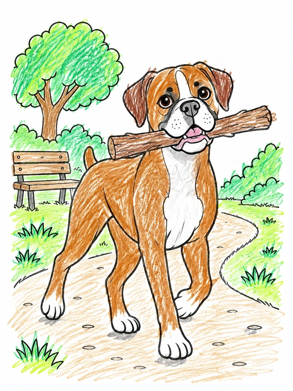 Colored example of the Boxer Dog Carrying A Stick coloring page