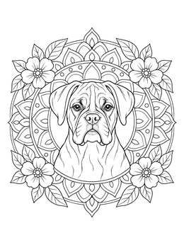 Intricate boxer dog coloring page surrounded by a floral mandala pattern.