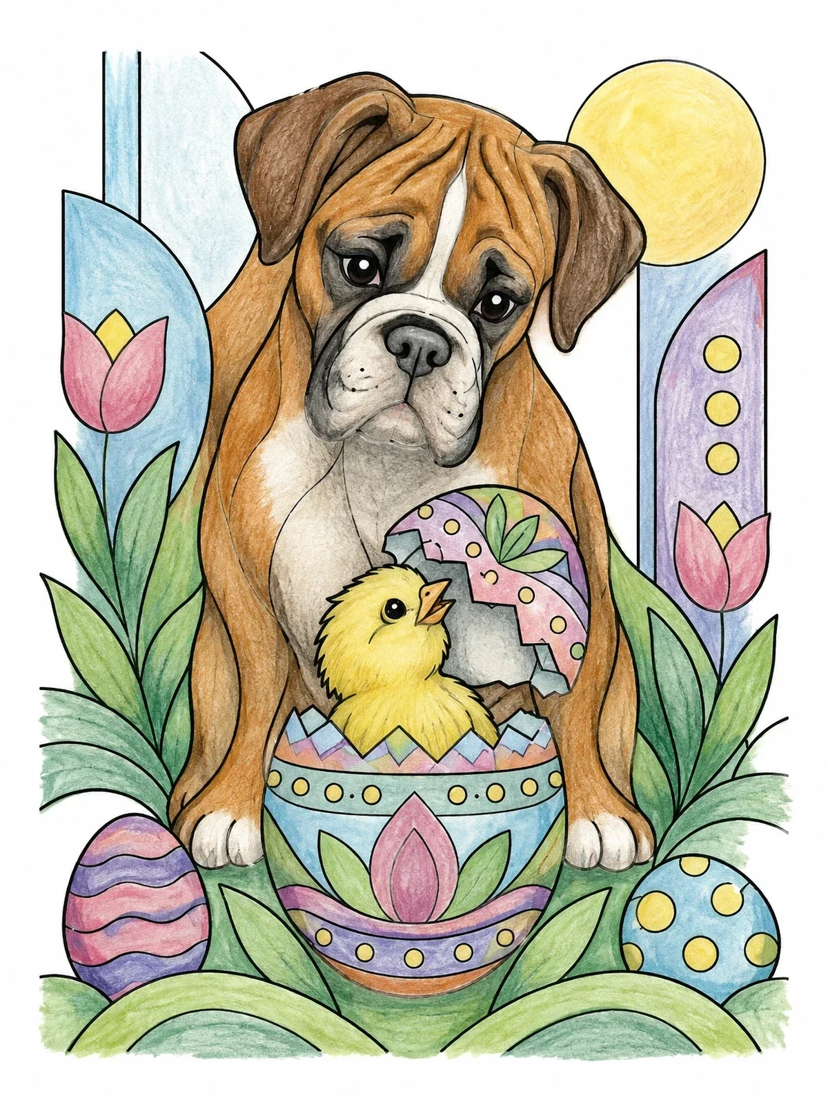 Colored example of the Boxer Dog Watching Hatching Chick coloring page