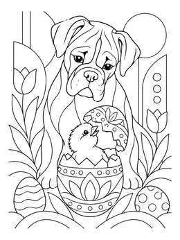 A boxer pup looks at a newly hatched chick on this easter dog coloring page.