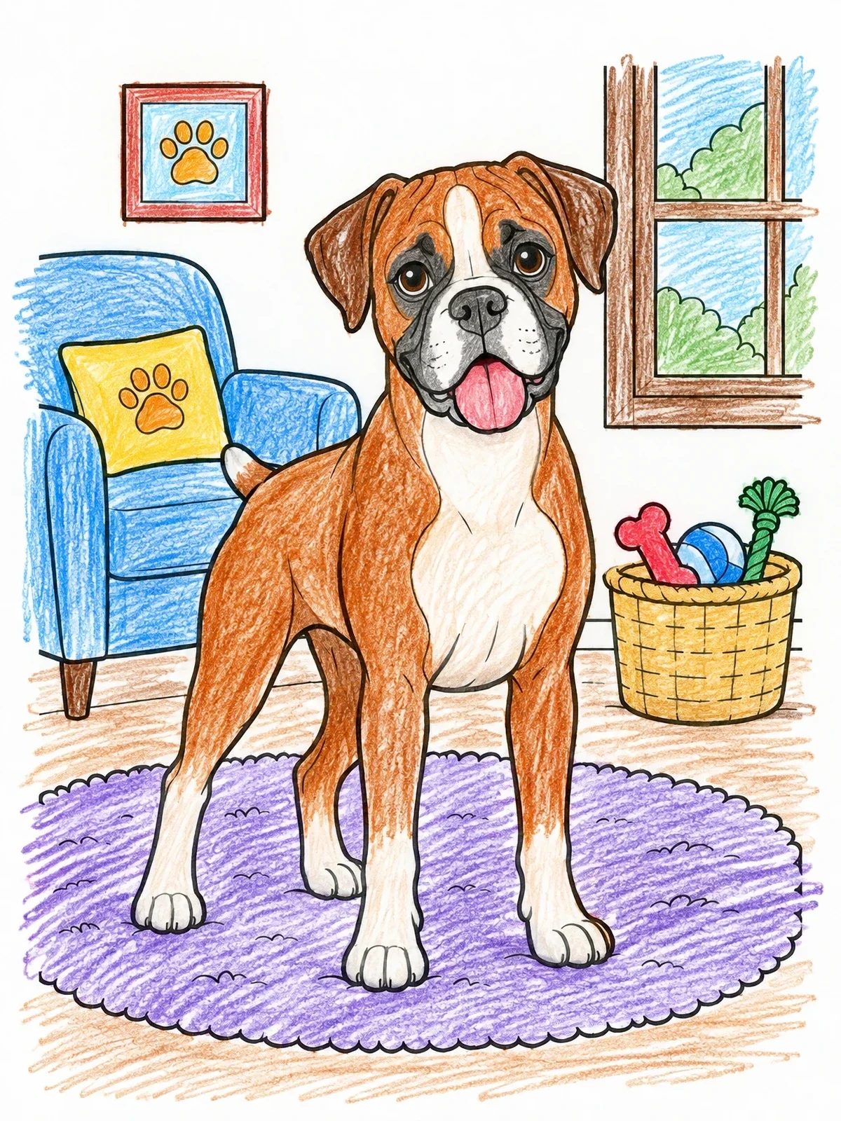 Colored example of the Playful Boxer Dog In The Living Room coloring page