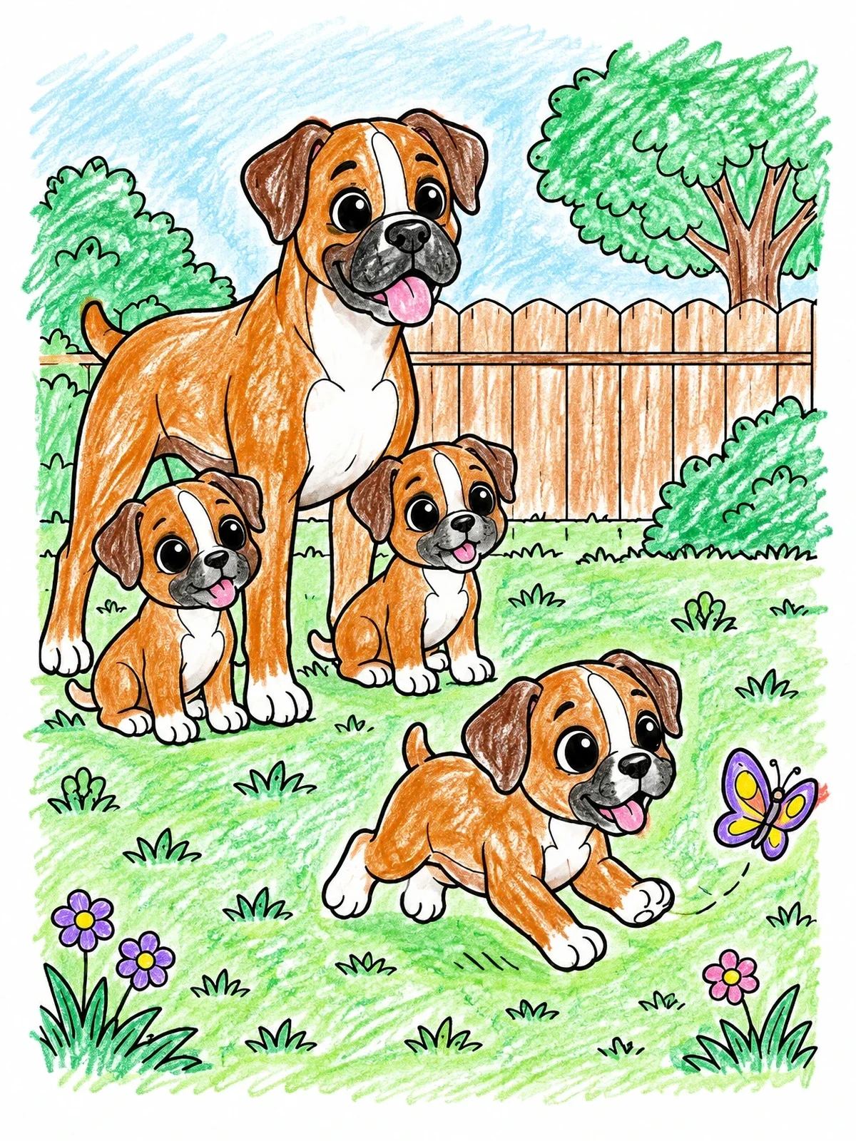 Colored example of the Boxer Family In The Backyard coloring page