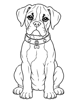 Sitting boxer dog coloring page featuring a puppy with big eyes and a bone charm collar.