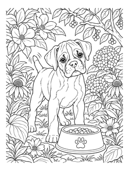 A cute boxer dog coloring page featuring a puppy standing by its food bowl in a blooming garden.