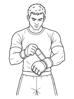 A focused boxer secures his sparring gloves in this detailed boxing coloring page.