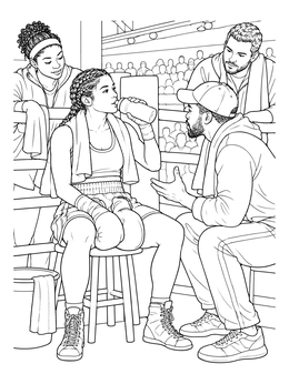 A female boxer resting on a stool in this boxing coloring page while listening to her coach.