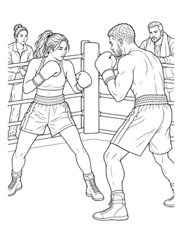 Athletes training inside a ring on this boxing coloring page.