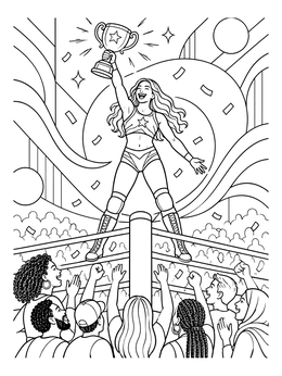 A triumphant female champion holds a trophy in this boxing coloring page.