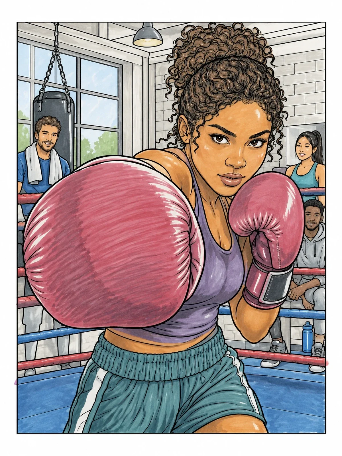 Colored example of the Female Boxer Throwing A Jab coloring page