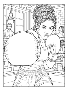 A female boxer throwing a punch directly at the viewer in this dynamic boxing coloring page.