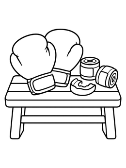 A simple boxing coloring page showing gloves, hand wraps, and a mouthguard on a bench.