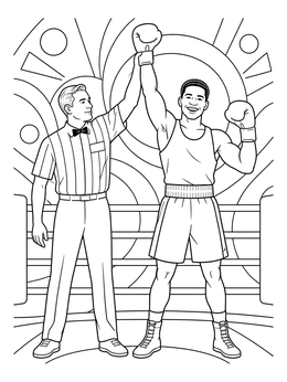 A referee raises a champion's arm in the ring on this boxing coloring page.