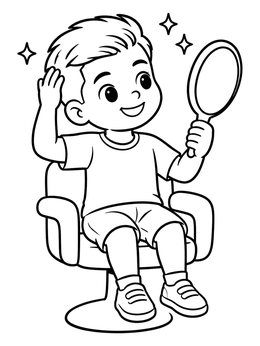 A smiling boy in a salon chair holds a mirror in this hair salon coloring page.