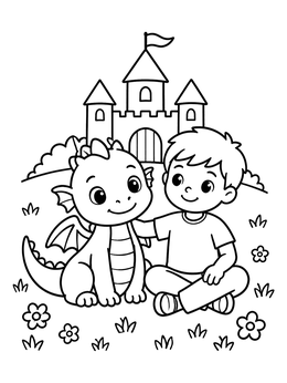 Free printable Boy And Baby Dragon By A Castle coloring page