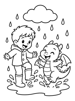 A cheerful boy and his cute friend on a dragon coloring page splashing in the rain.