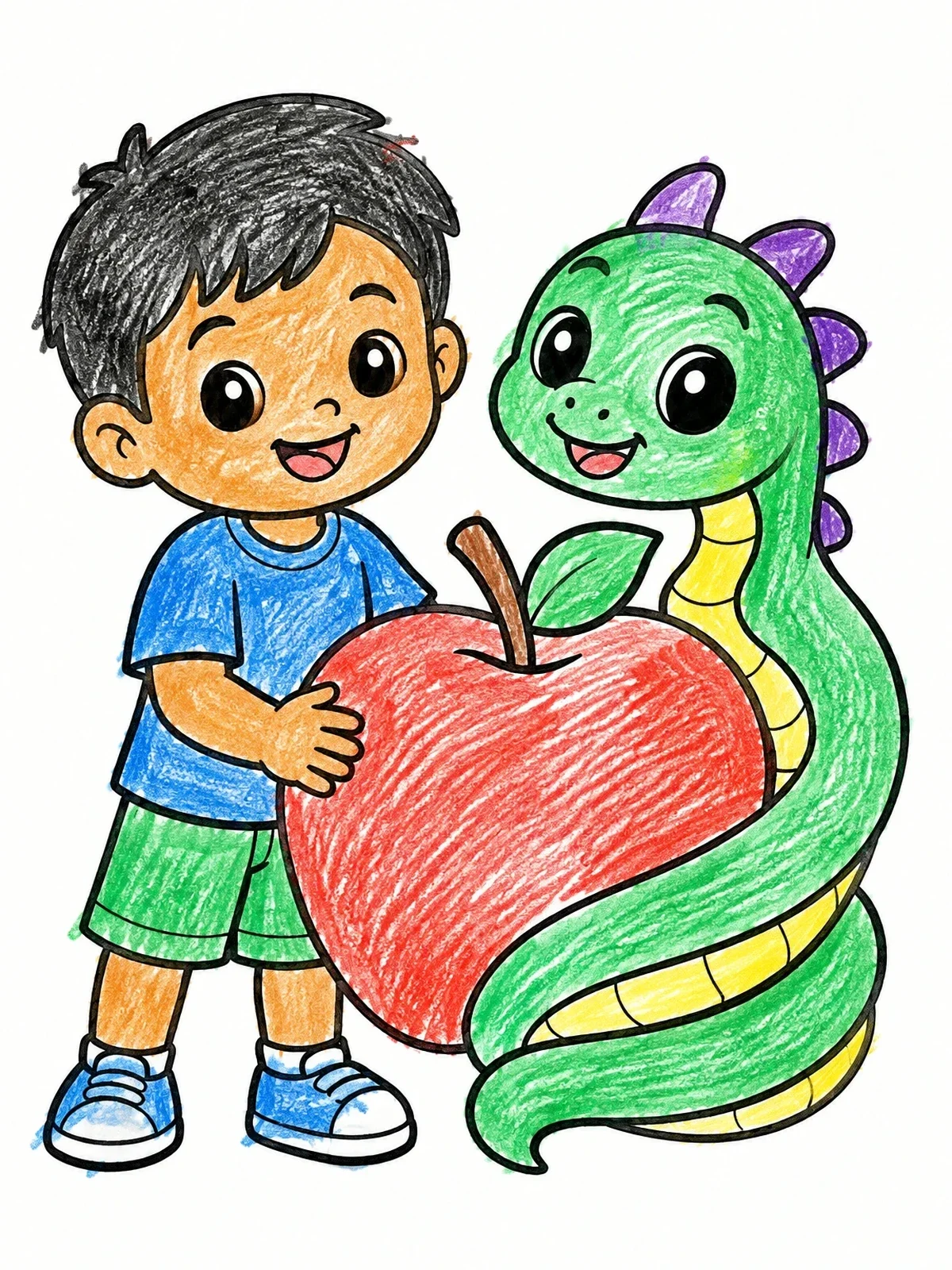 Colored example of the Boy And Baby Dragon With Giant Apple coloring page
