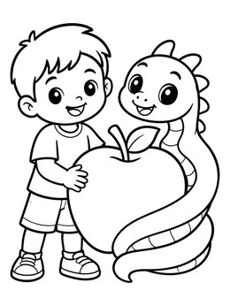 Free printable Boy And Baby Dragon With Giant Apple coloring page
