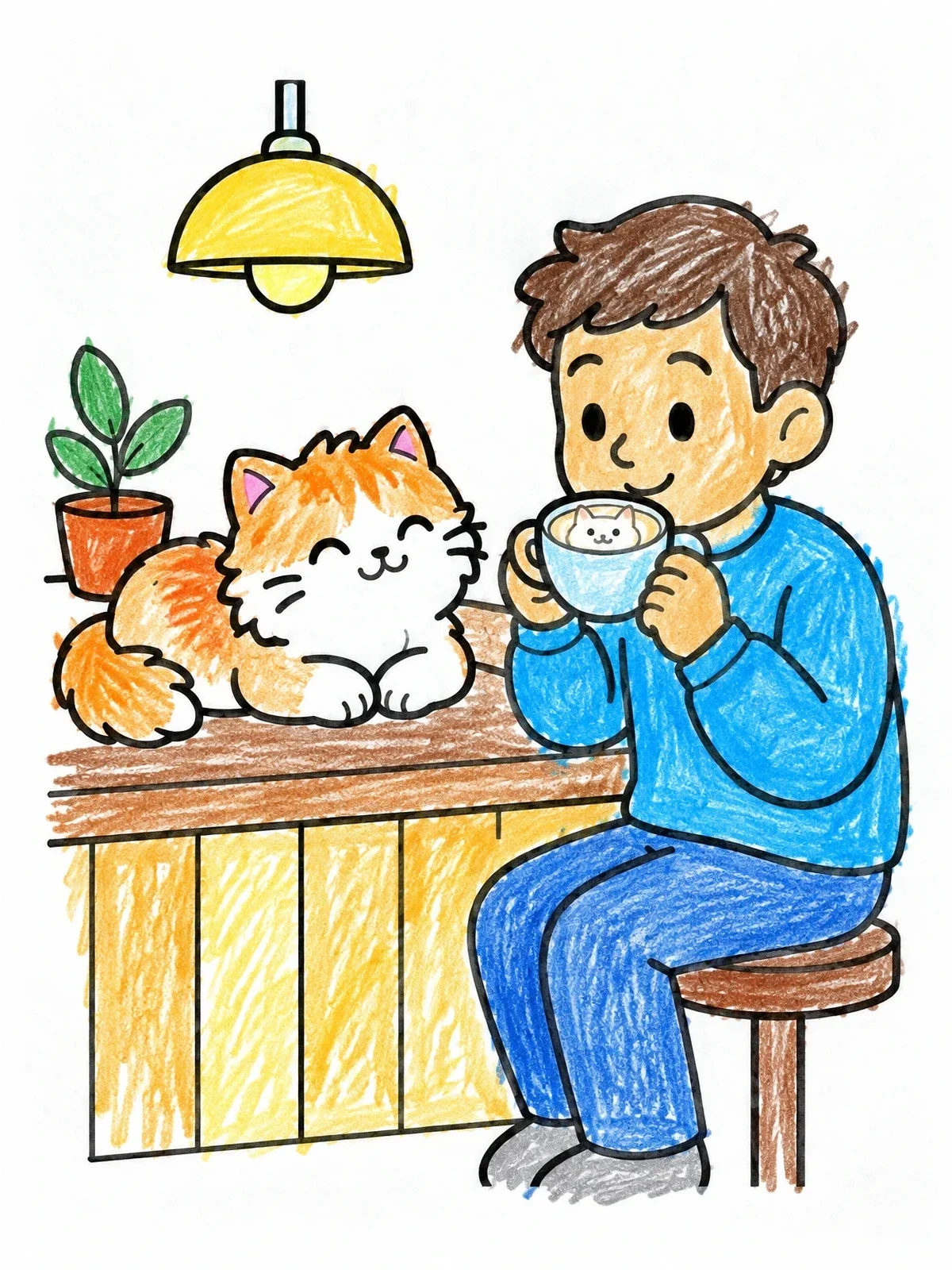 Colored example of the Boy And Cat In Cozy Cafe coloring page