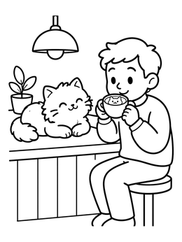 Free printable Boy And Cat In Cozy Cafe coloring page