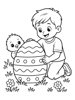 Free printable Boy And Chick With Decorated Egg coloring page