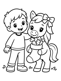 A happy boy stands by a festive pony in this christmas horse coloring page.