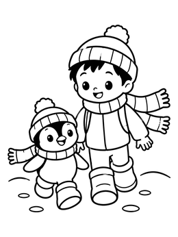 Free printable Little Boy Walking With Penguin Friend coloring page