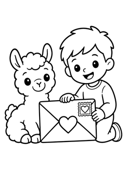 Free printable Boy And Cute Valentine Llama coloring page