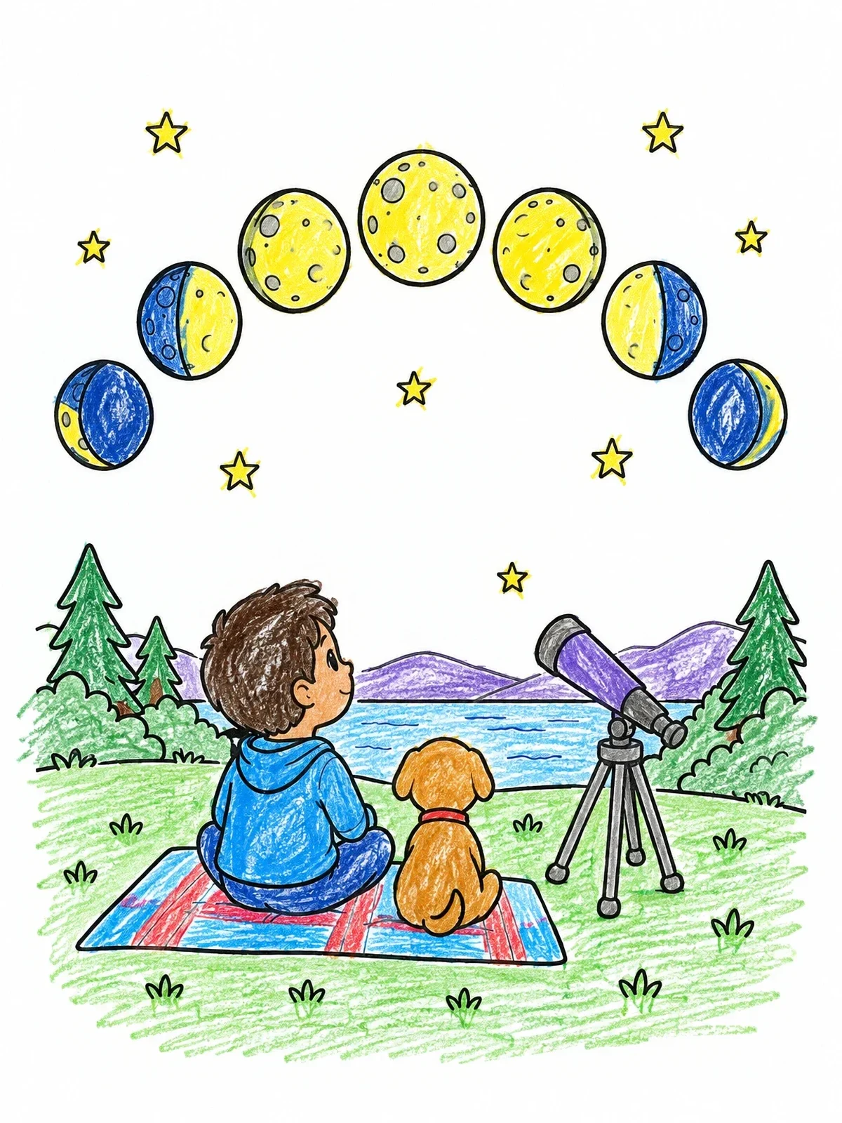 Colored example of the Boy And Dog Watching Moon Phases coloring page
