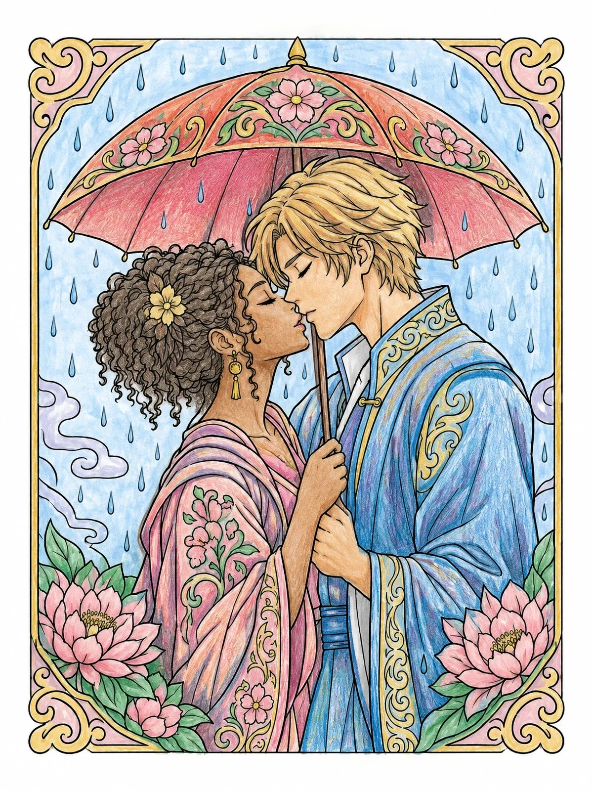 Colored example of the Romantic Couple Kissing Under Umbrella coloring page
