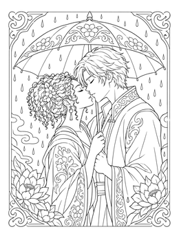 Free printable Romantic Couple Kissing Under Umbrella coloring page