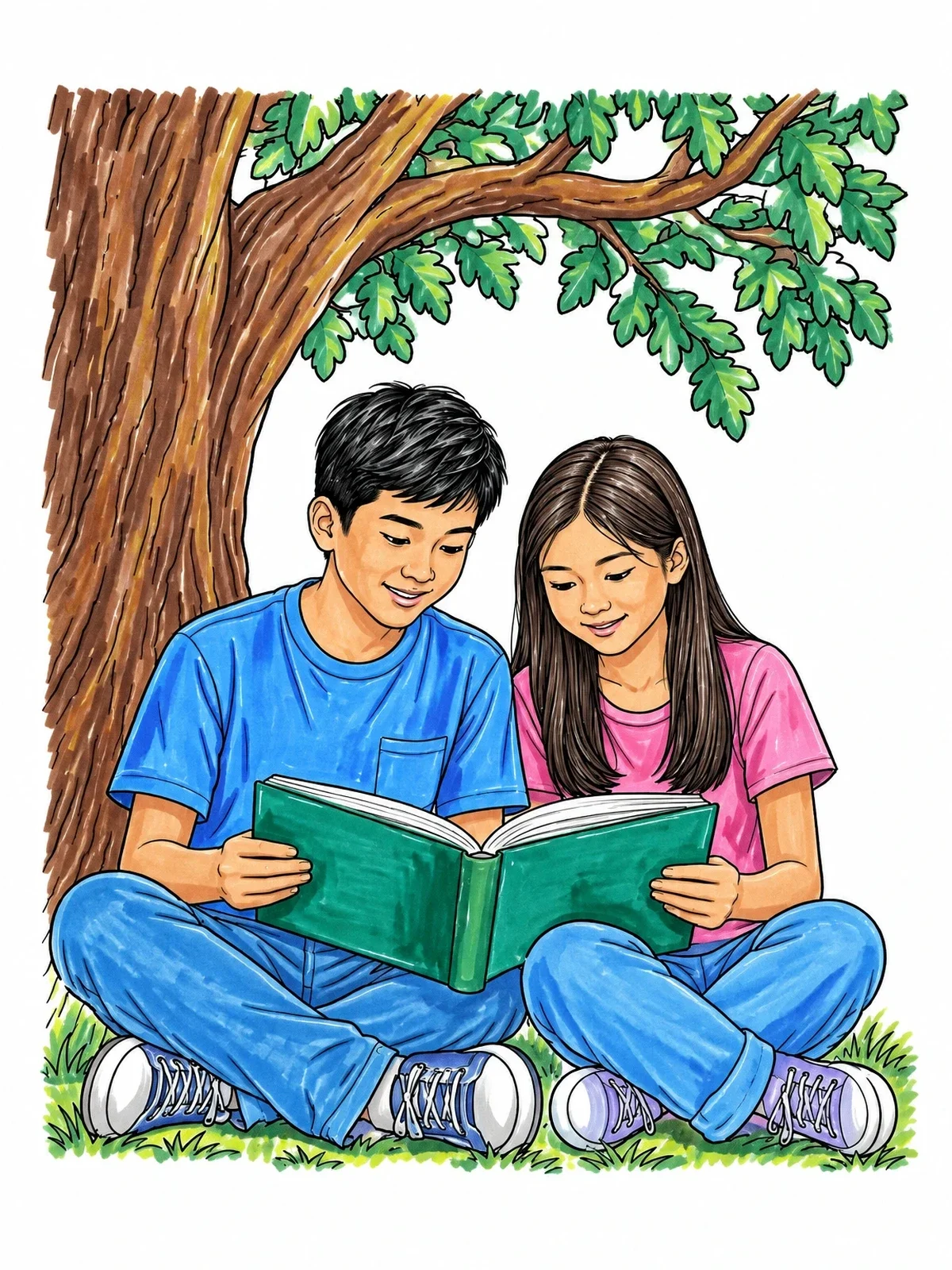 Colored example of the Brother And Sister Reading Under Oak Tree coloring page