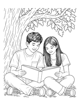 Free printable Brother And Sister Reading Under Oak Tree coloring page