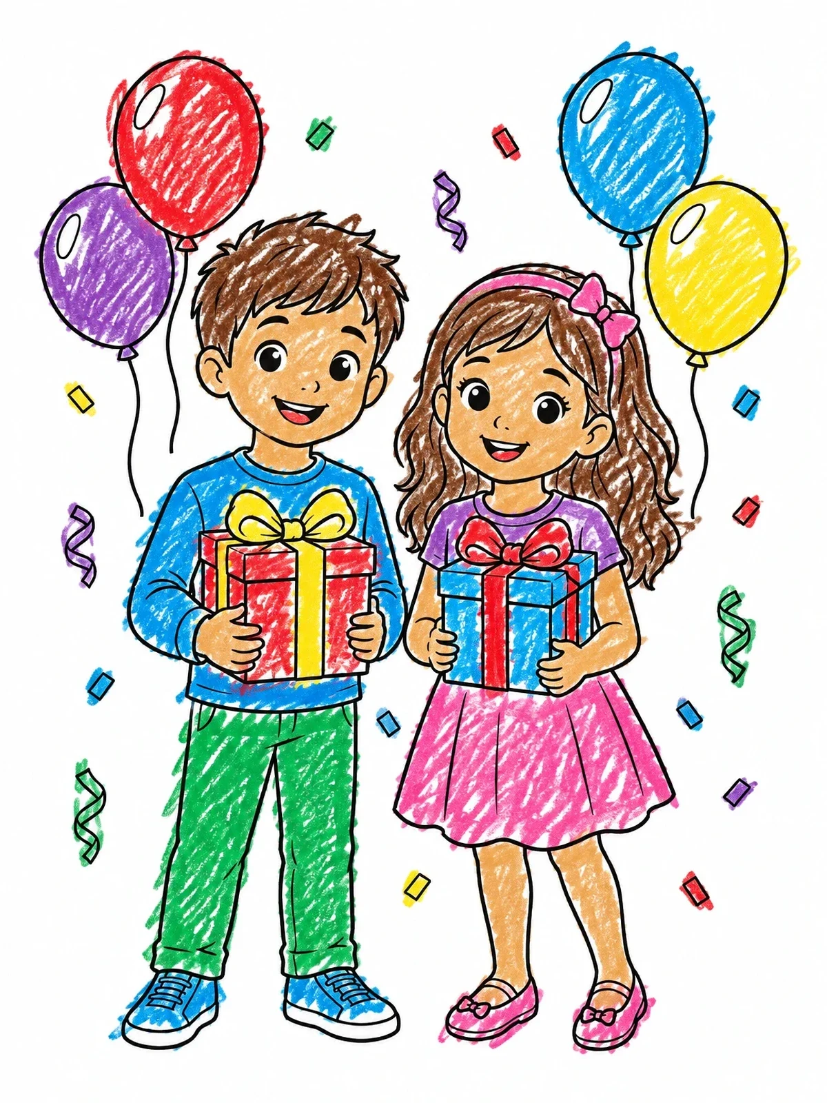 Colored example of the Smiling Children With Birthday Gifts coloring page
