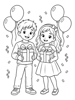 Free printable Smiling Children With Birthday Gifts coloring page