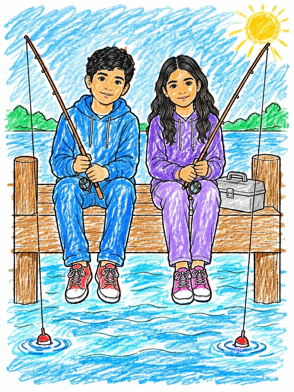 Colored example of the Boy And Girl Fishing On Dock coloring page