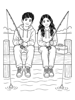 Free printable Boy And Girl Fishing On Dock coloring page