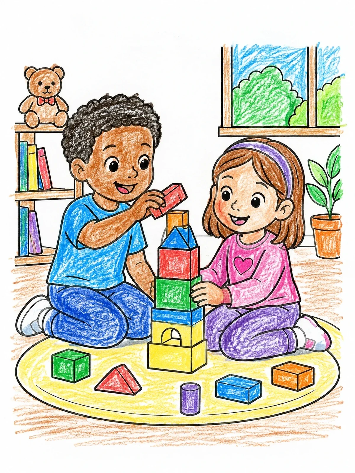 Colored example of the Children Stacking Toy Blocks Together coloring page