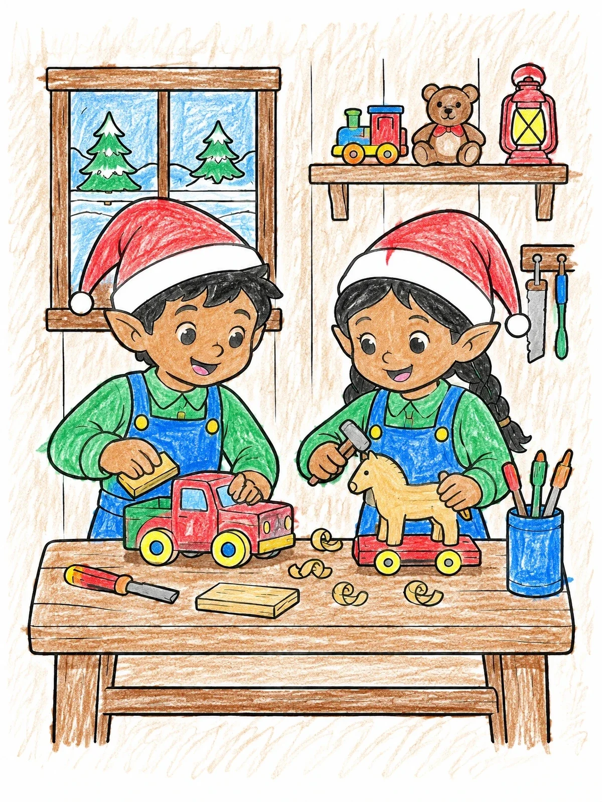 Colored example of the Little Elves Making Wooden Toys coloring page