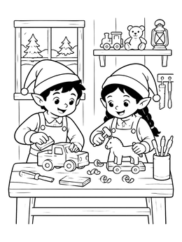 Free printable Little Elves Making Wooden Toys coloring page