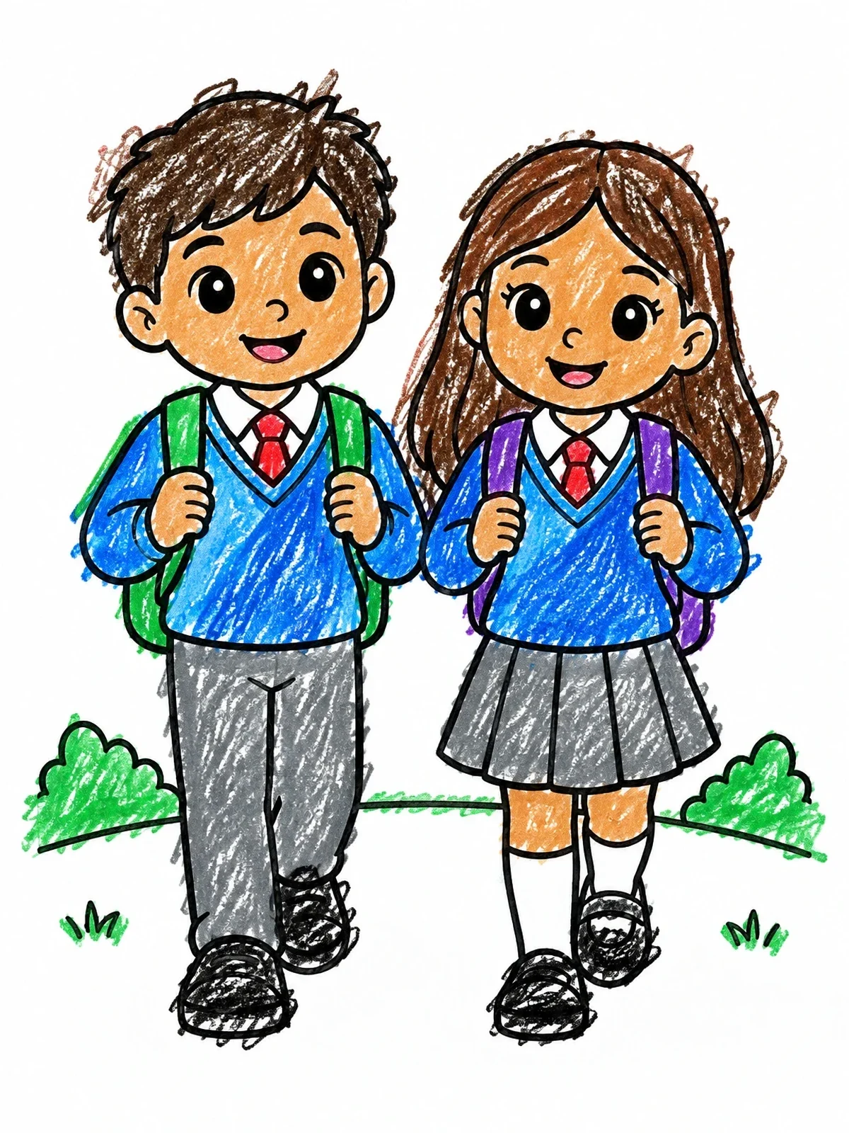 Colored example of the School Kids Walking Together coloring page