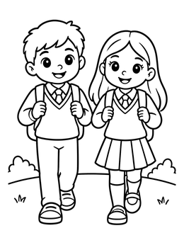 Free printable School Kids Walking Together coloring page